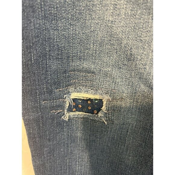 Chico's Platinum Sz 2 (US 12 L) Lace Applique Roll Cuff Crop Jeans Boho - Picture 4 of 11